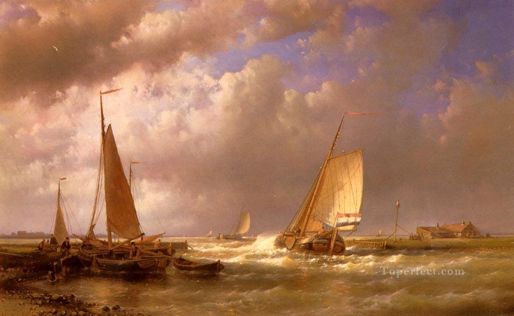 Dutch Barges At The Mouth Of An Estuary Abraham Hulk Snr boat seascape Oil Paintings